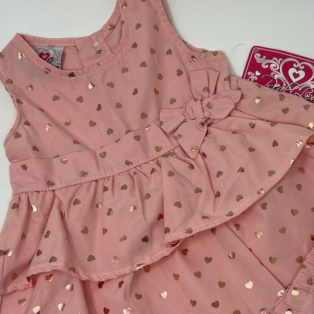 REAL LOVE PINK SHINY HEARTS DRESS & BLOOMERS RUFFLE & BOW SZ 12 MONTHS - Picture 11 of 11